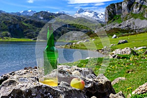 Green bottle and glass of natural Asturian cider made fromÂ fermented apples with view on Covadonga lake and tops of Picos de